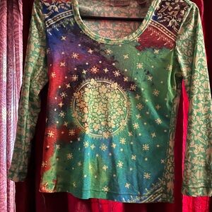 Liz Claiborne Green and Pink Graphic Blouse